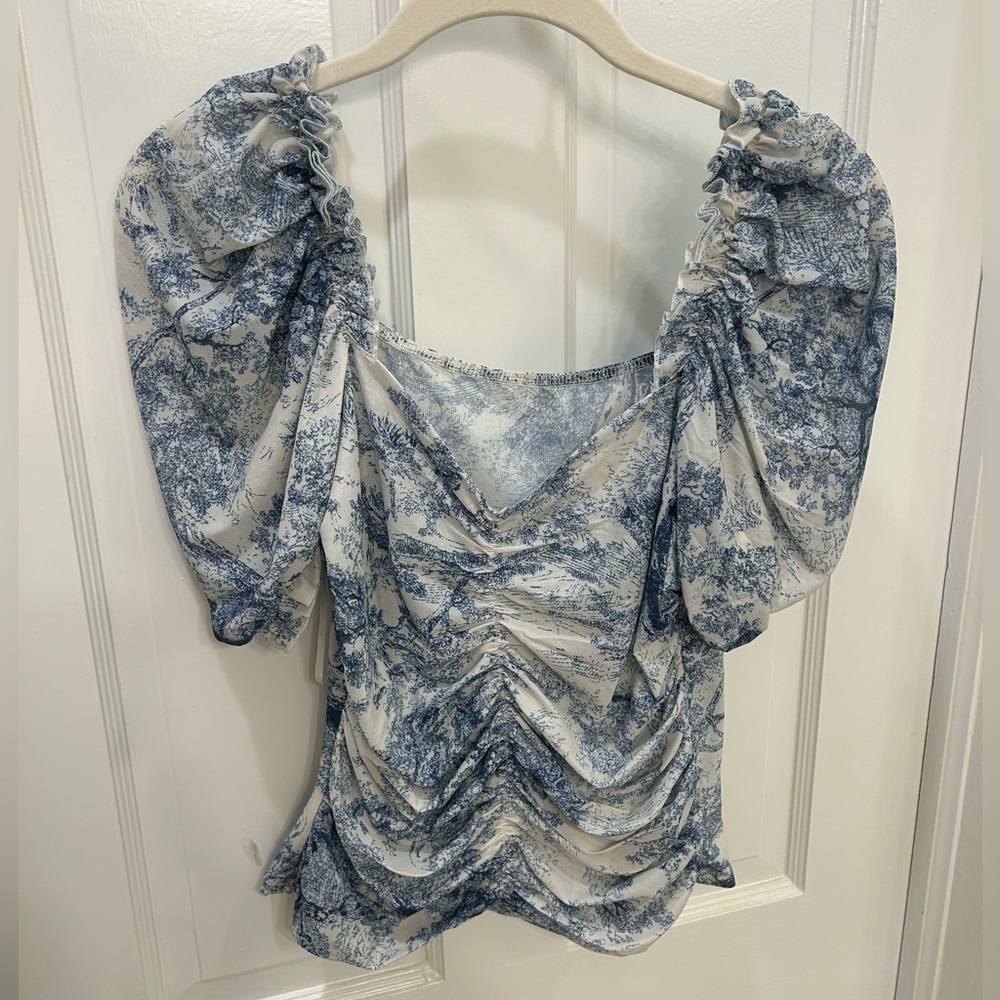 EUC Blue Chinoiserie Printed Top